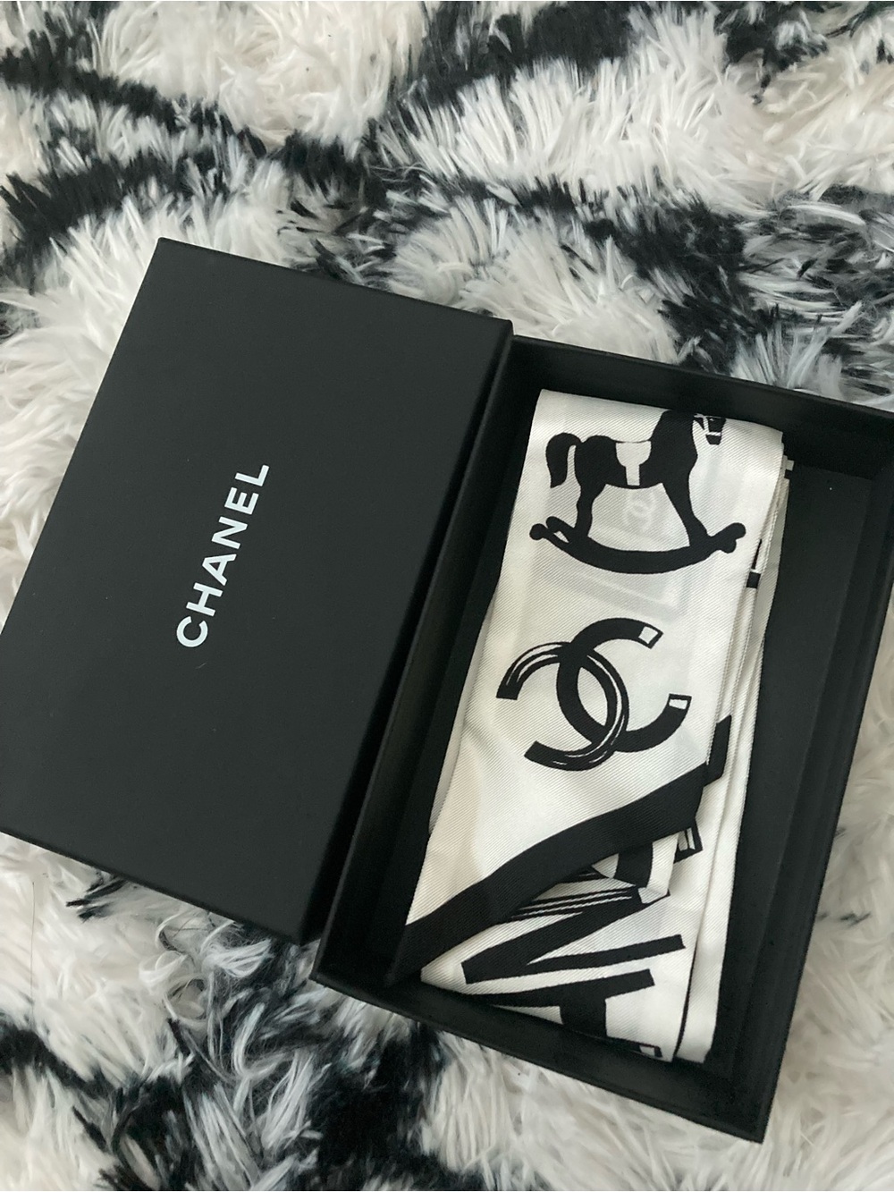 CHANEL Black & White Logo Silk Scarf with Rocking Horse Motif